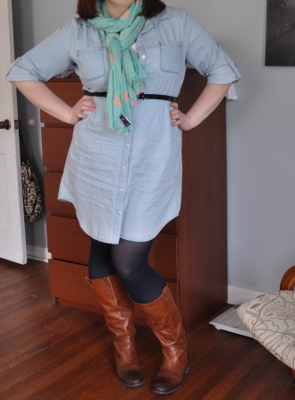 Dress: Old Navy; Scarf: Gap; Tights: Hue; Boots: as above